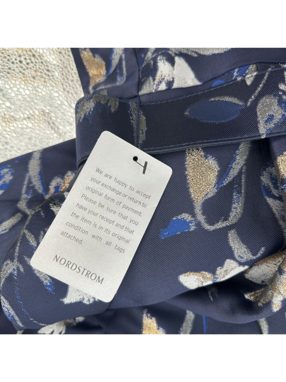 1901 Nordstrom Navy Floral Metallic Jacquard Belted Midi Dress Womens 16 NEW - Picture 11 of 16
